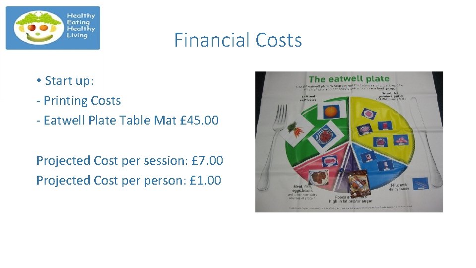 Financial Costs • Start up: - Printing Costs - Eatwell Plate Table Mat £