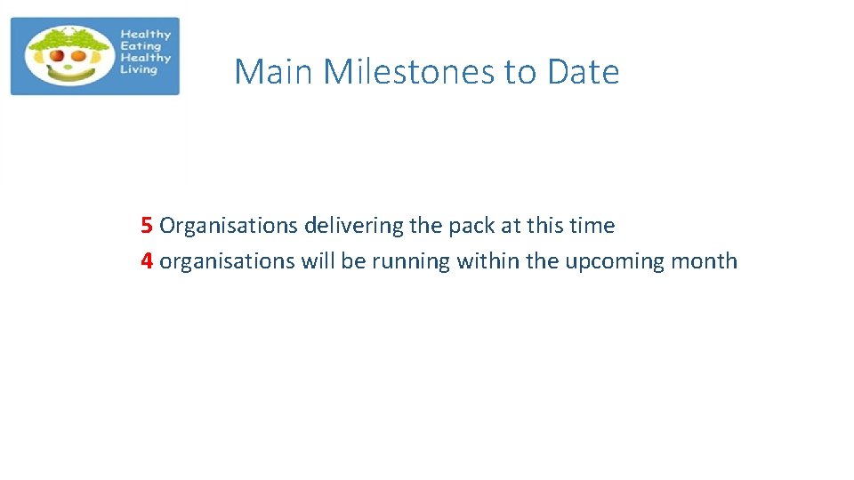 Main Milestones to Date 5 Organisations delivering the pack at this time 4 organisations