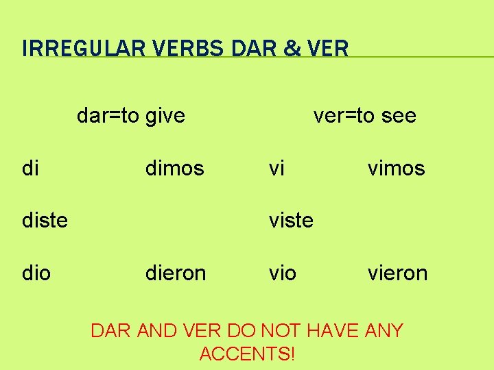 IRREGULAR VERBS DAR & VER dar=to give di dimos diste dio ver=to see vi