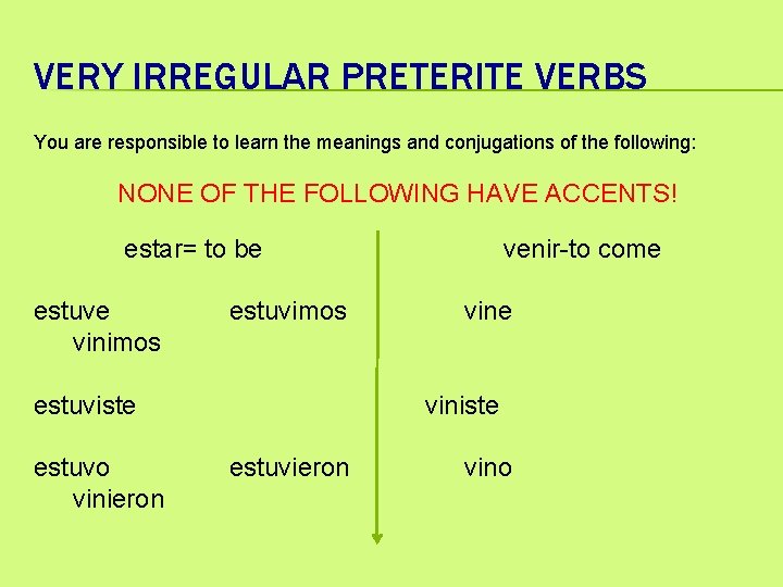 VERY IRREGULAR PRETERITE VERBS You are responsible to learn the meanings and conjugations of