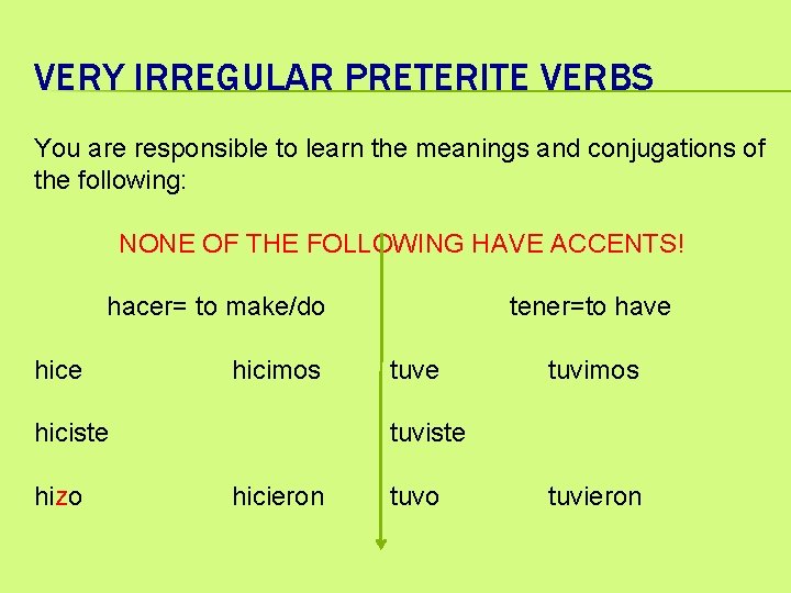 VERY IRREGULAR PRETERITE VERBS You are responsible to learn the meanings and conjugations of