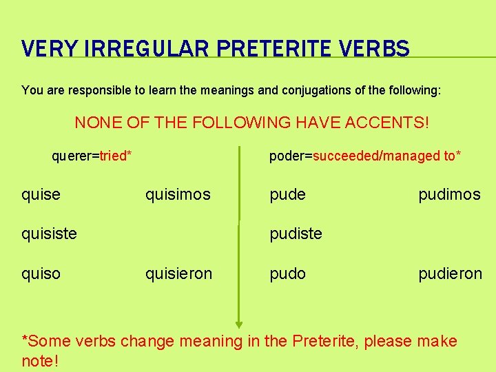 VERY IRREGULAR PRETERITE VERBS You are responsible to learn the meanings and conjugations of