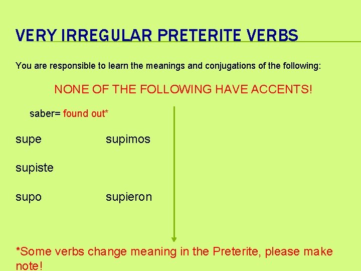 VERY IRREGULAR PRETERITE VERBS You are responsible to learn the meanings and conjugations of