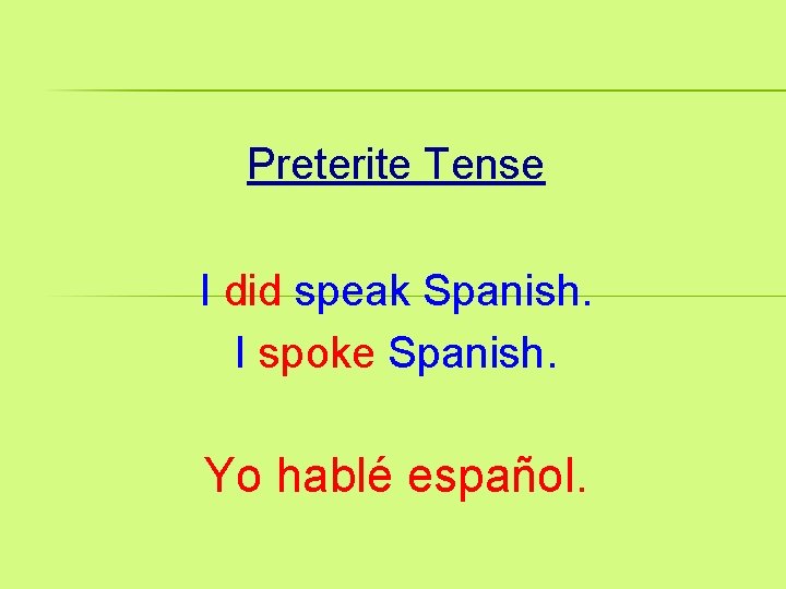 Preterite Tense I did speak Spanish. I spoke Spanish. Yo hablé español. 