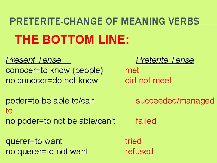 PRETERITE-CHANGE OF MEANING VERBS THE BOTTOM LINE: Present Tense conocer=to know (people) no conocer=do