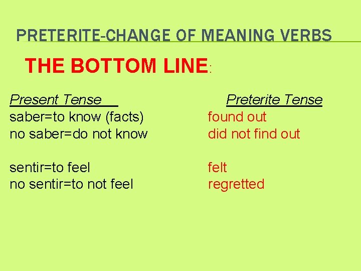 PRETERITE-CHANGE OF MEANING VERBS THE BOTTOM LINE: Present Tense saber=to know (facts) no saber=do