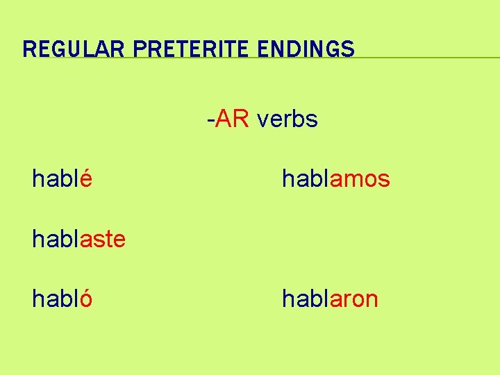 REGULAR PRETERITE ENDINGS -AR verbs hablé hablamos hablaste habló hablaron 