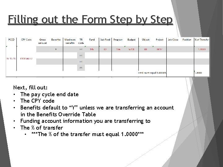 Filling out the Form Step by Step Next, fill out: • The pay cycle