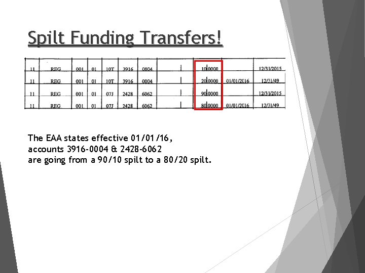Spilt Funding Transfers! The EAA states effective 01/01/16, accounts 3916 -0004 & 2428 -6062