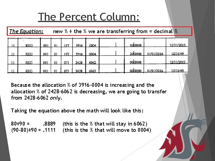 The Percent Column: The Equation: new % ÷ the % we are transferring from