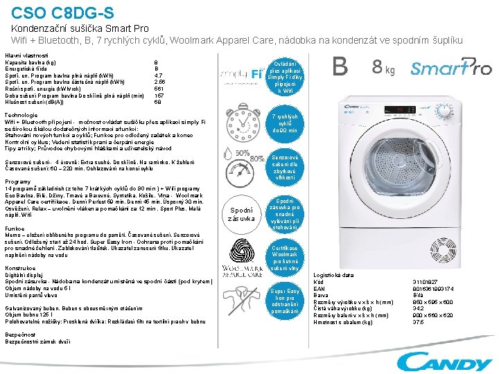 CSO C 8 DG-S Kondenzační sušička Smart Pro Wifi + Bluetooth, B, 7 rychlých