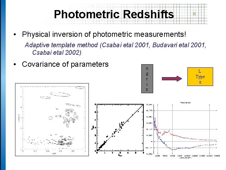 Photometric Redshifts • Physical inversion of photometric measurements! Adaptive template method (Csabai etal 2001,