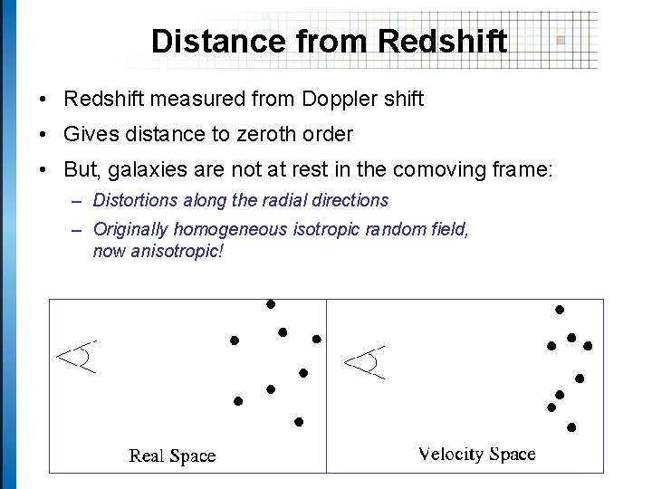 Distance from Redshift • Redshift measured from Doppler shift • Gives distance to zeroth