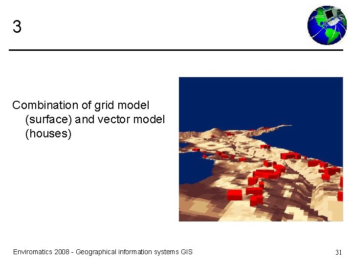 3 Combination of grid model (surface) and vector model (houses) Enviromatics 2008 - Geographical