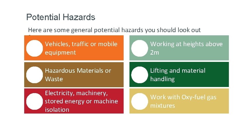 Potential Hazards Here are some general potential hazards you should look out for: Vehicles,