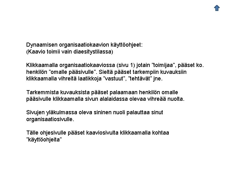 Dynaamisen organisaatiokaavion käyttöohjeet: (Kaavio toimii vain diaesitystilassa) Klikkaamalla organisaatiokaaviossa (sivu 1) jotain ”toimijaa”, pääset