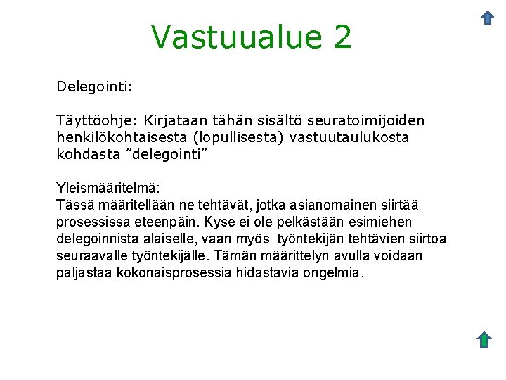 Vastuualue 2 Delegointi: Täyttöohje: Kirjataan tähän sisältö seuratoimijoiden henkilökohtaisesta (lopullisesta) vastuutaulukosta kohdasta ”delegointi” Yleismääritelmä: