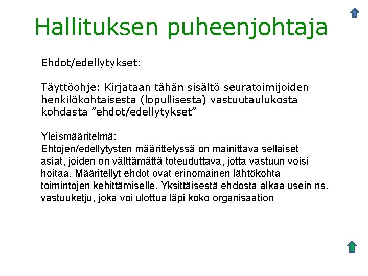 Hallituksen puheenjohtaja Ehdot/edellytykset: Täyttöohje: Kirjataan tähän sisältö seuratoimijoiden henkilökohtaisesta (lopullisesta) vastuutaulukosta kohdasta ”ehdot/edellytykset” Yleismääritelmä: