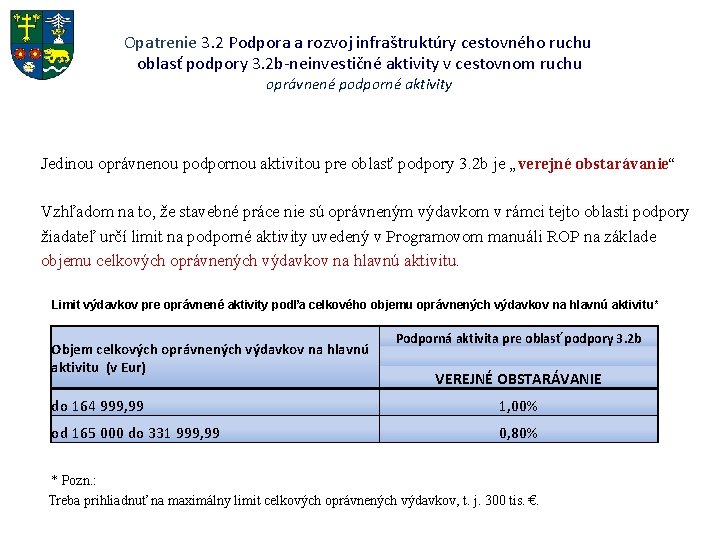 Opatrenie 3. 2 Podpora a rozvoj infraštruktúry cestovného ruchu oblasť podpory 3. 2 b-neinvestičné