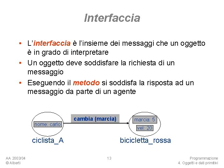 Interfaccia • L’interfaccia è l’insieme dei messaggi che un oggetto è in grado di