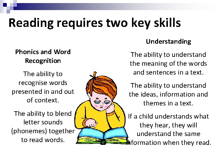 Reading requires two key skills Understanding Phonics and Word Recognition The ability to understand Reading requires two key skills Understanding Phonics and Word Recognition The ability to understand