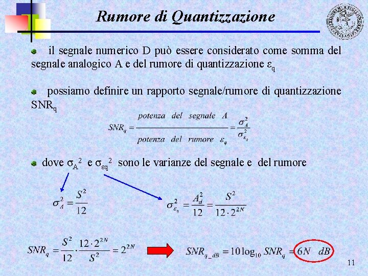 Rumore di Quantizzazione il segnale numerico D può essere considerato come somma del segnale
