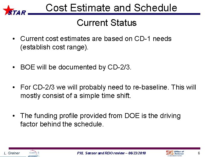 STAR Cost Estimate and Schedule Current Status • Current cost estimates are based on