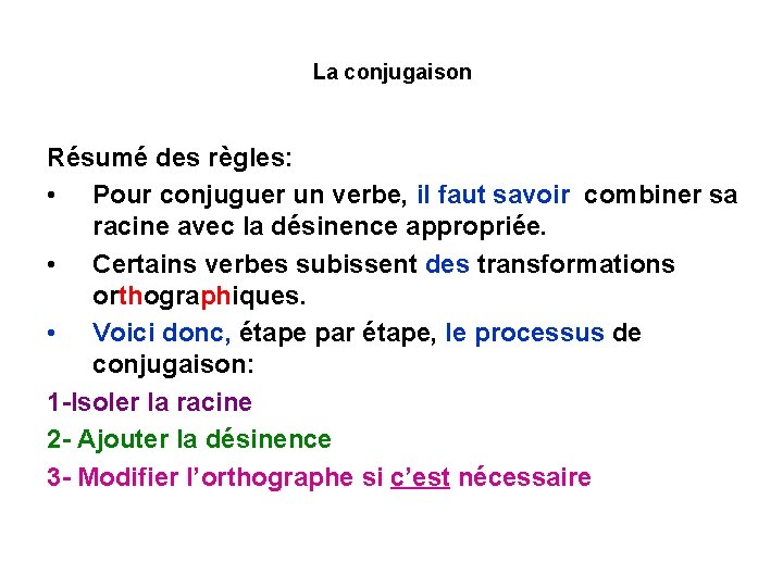 La conjugaison Résumé des règles: • Pour conjuguer un verbe, il faut savoir combiner