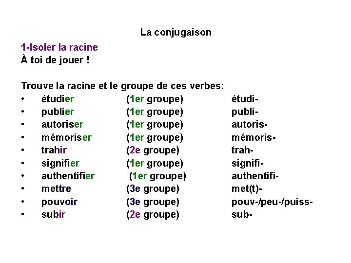 La conjugaison 1 -Isoler la racine À toi de jouer ! Trouve la racine