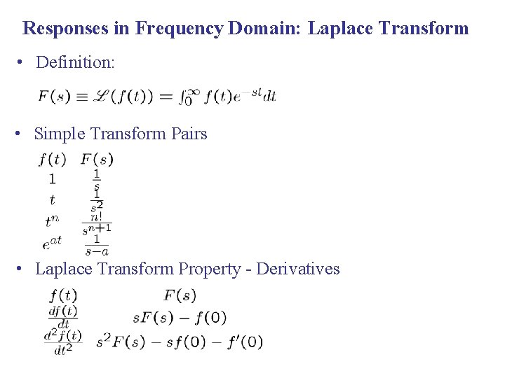 Responses in Frequency Domain: Laplace Transform • Definition: • Simple Transform Pairs • Laplace