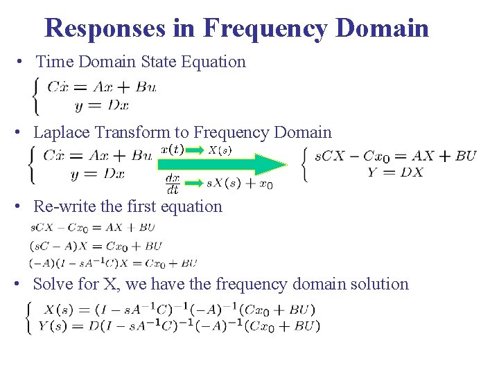 Responses in Frequency Domain • Time Domain State Equation • Laplace Transform to Frequency