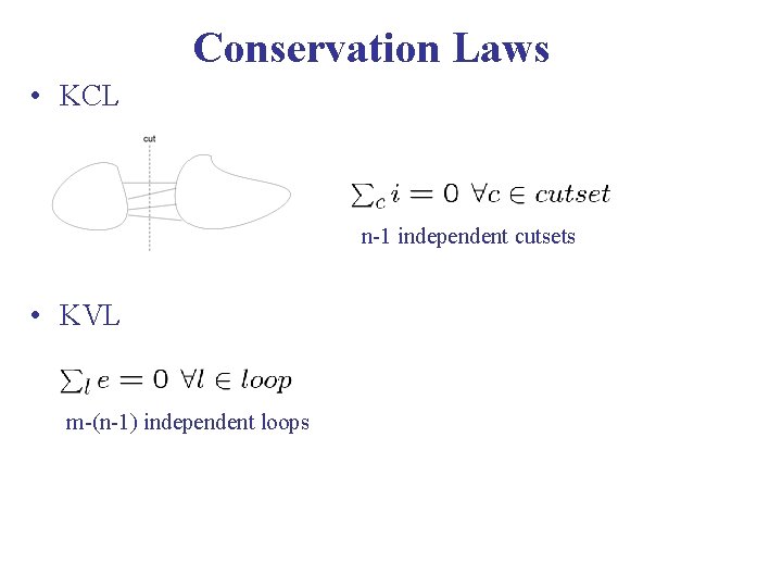 Conservation Laws • KCL n-1 independent cutsets • KVL m-(n-1) independent loops 