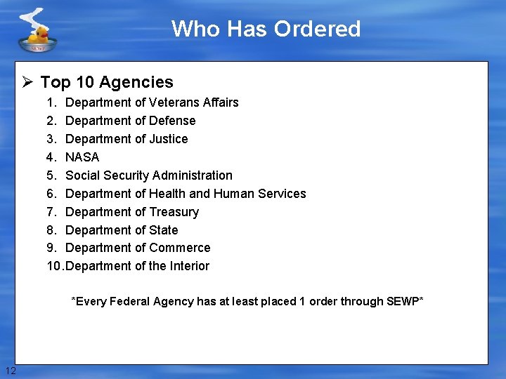 Who Has Ordered Ø Top 10 Agencies 1. Department of Veterans Affairs 2. Department