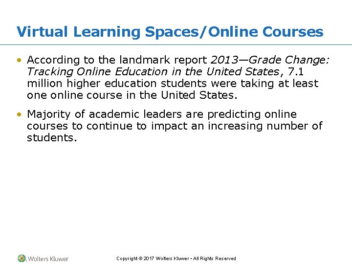 Virtual Learning Spaces/Online Courses • According to the landmark report 2013—Grade Change: Tracking Online Virtual Learning Spaces/Online Courses • According to the landmark report 2013—Grade Change: Tracking Online