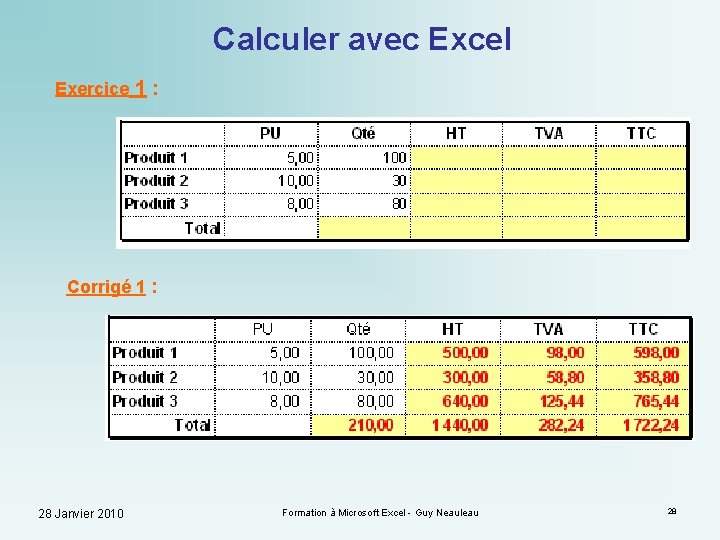 Calculer avec Excel Exercice 1 : Corrigé 1 : 28 Janvier 2010 Formation à