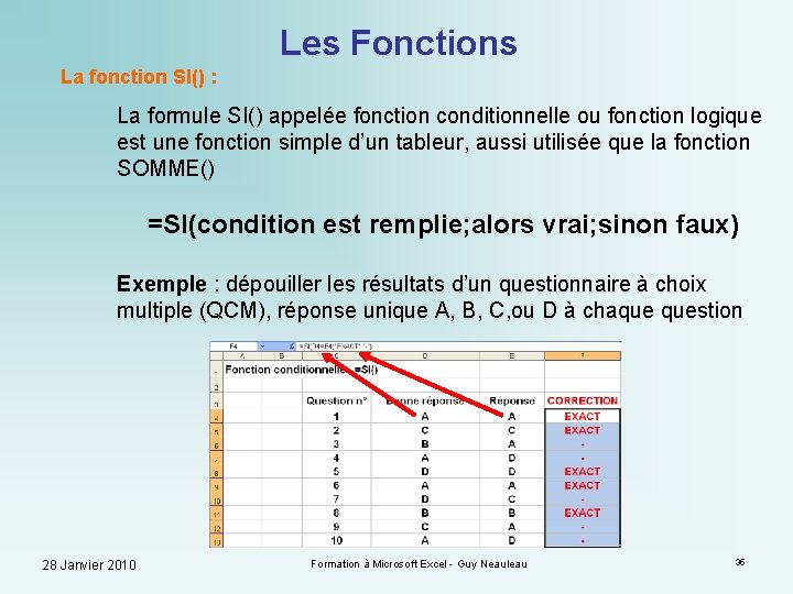 Les Fonctions La fonction SI() : La formule SI() appelée fonction conditionnelle ou fonction