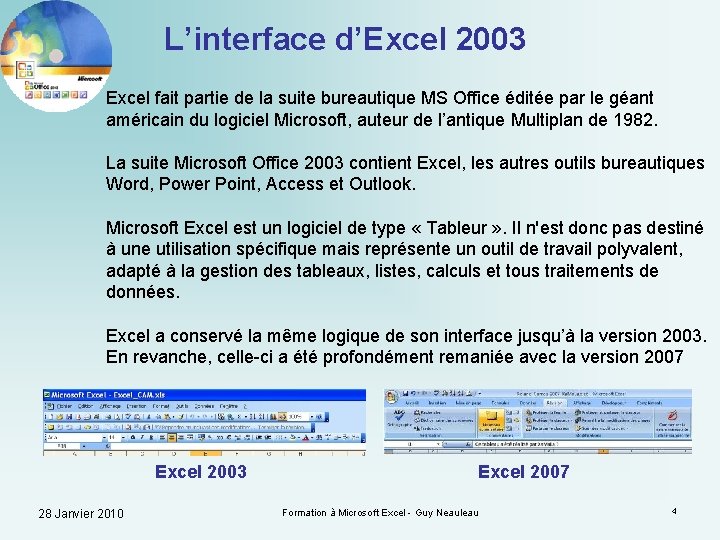 L’interface d’Excel 2003 Excel fait partie de la suite bureautique MS Office éditée par