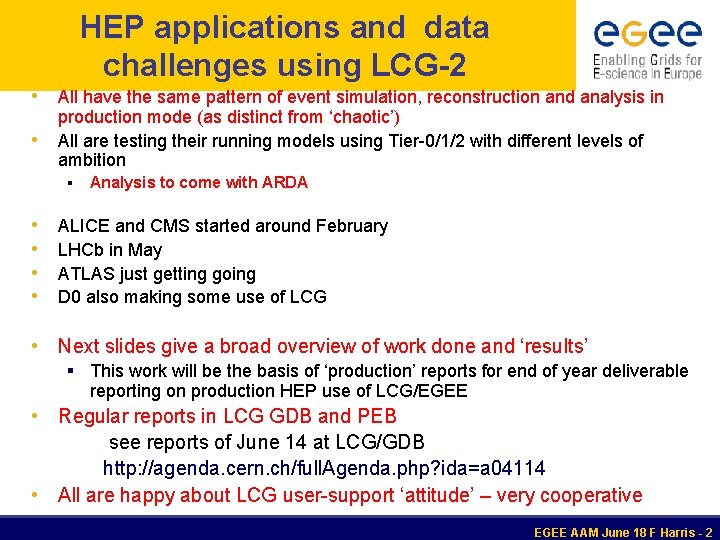 HEP applications and data challenges using LCG-2 • All have the same pattern of