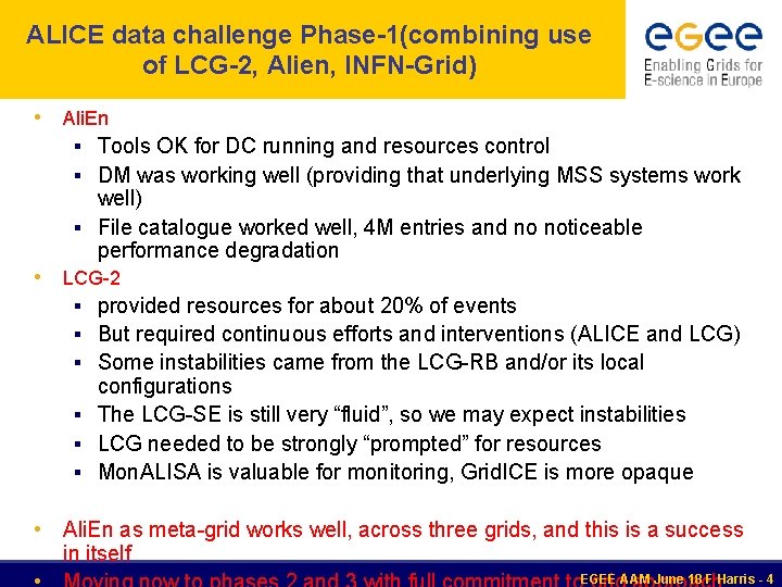 ALICE data challenge Phase-1(combining use of LCG-2, Alien, INFN-Grid) • Ali. En Tools OK