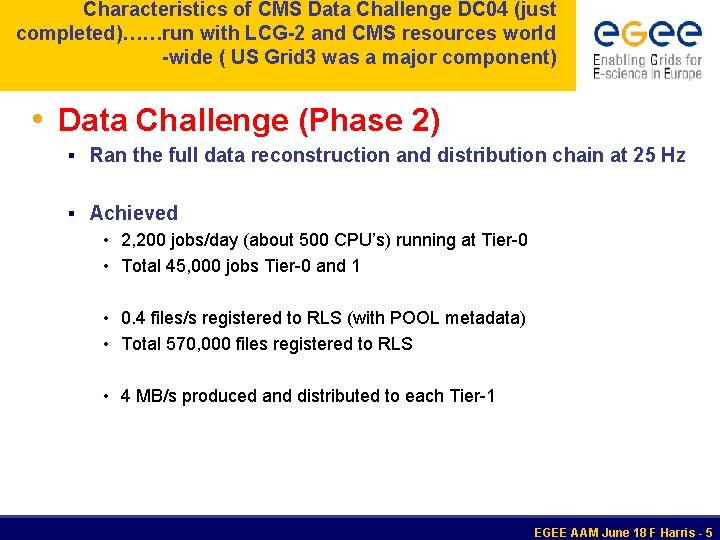 Characteristics of CMS Data Challenge DC 04 (just completed)……run with LCG-2 and CMS resources