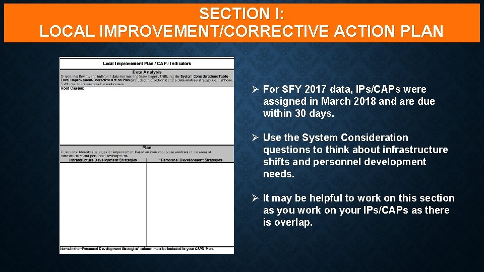 SECTION I: LOCAL IMPROVEMENT/CORRECTIVE ACTION PLAN Ø For SFY 2017 data, IPs/CAPs were assigned SECTION I: LOCAL IMPROVEMENT/CORRECTIVE ACTION PLAN Ø For SFY 2017 data, IPs/CAPs were assigned