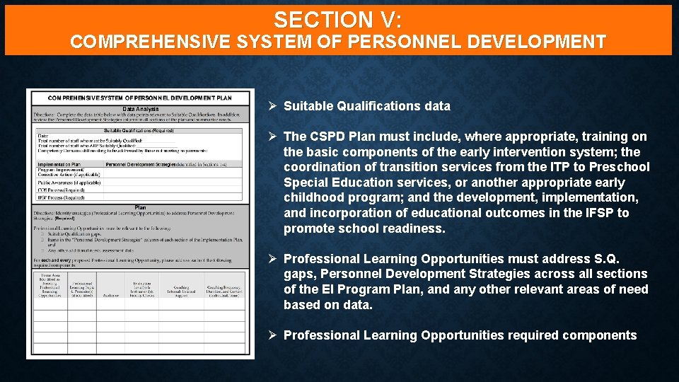 SECTION V: COMPREHENSIVE SYSTEM OF PERSONNEL DEVELOPMENT Ø Suitable Qualifications data Ø The CSPD SECTION V: COMPREHENSIVE SYSTEM OF PERSONNEL DEVELOPMENT Ø Suitable Qualifications data Ø The CSPD
