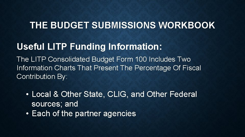 THE BUDGET SUBMISSIONS WORKBOOK Useful LITP Funding Information: The LITP Consolidated Budget Form 100 THE BUDGET SUBMISSIONS WORKBOOK Useful LITP Funding Information: The LITP Consolidated Budget Form 100