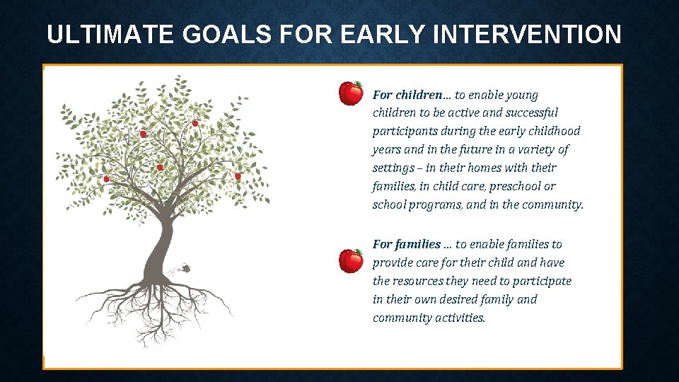 ULTIMATE GOALS FOR EARLY INTERVENTION For children… to enable young children to be active ULTIMATE GOALS FOR EARLY INTERVENTION For children… to enable young children to be active