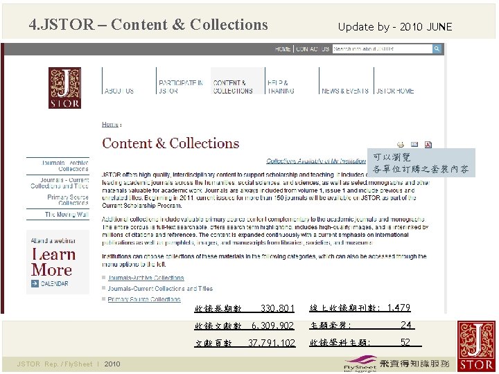 4. JSTOR – Content & Collections Update by – 2010 JUNE 可以瀏覽 各單位訂購之套裝內容 收錄卷期數