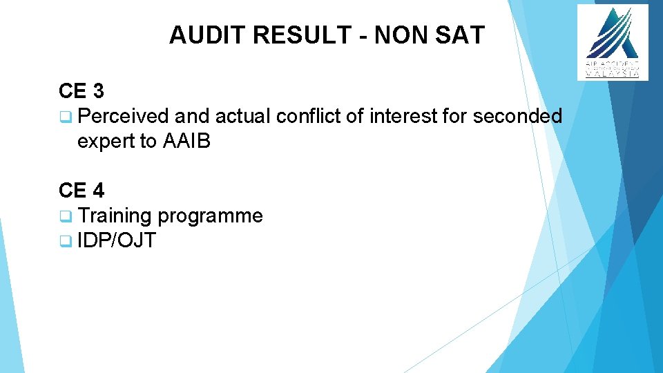 AUDIT RESULT - NON SAT CE 3 q Perceived and actual conflict of interest