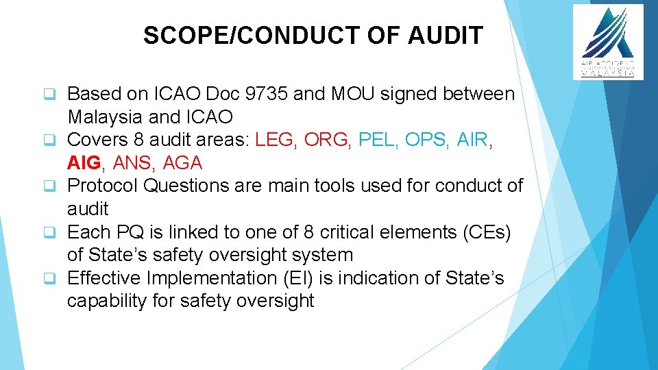 SCOPE/CONDUCT OF AUDIT q q q Based on ICAO Doc 9735 and MOU signed