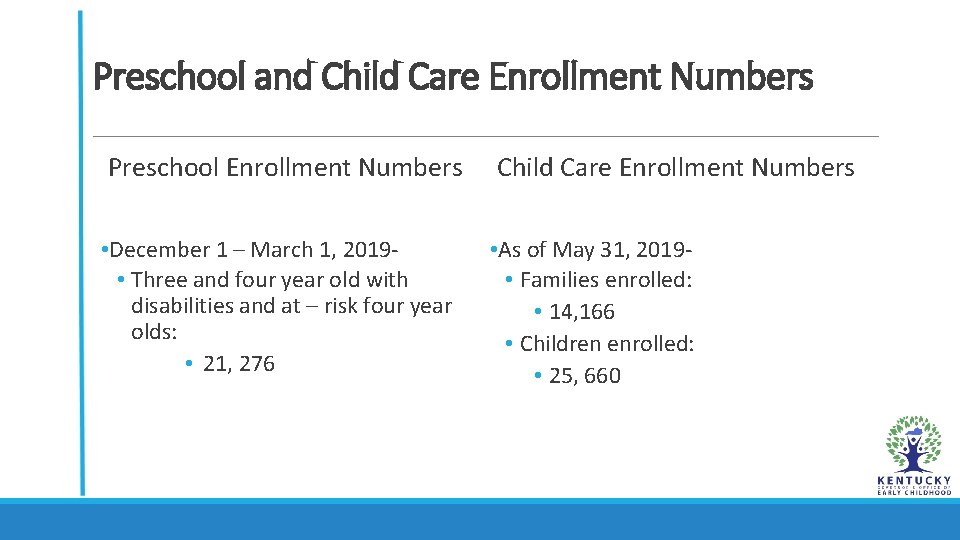 Preschool and Child Care Enrollment Numbers Preschool Enrollment Numbers Child Care Enrollment Numbers •