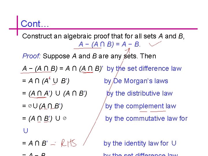 Cont… Construct an algebraic proof that for all sets A and B, A −