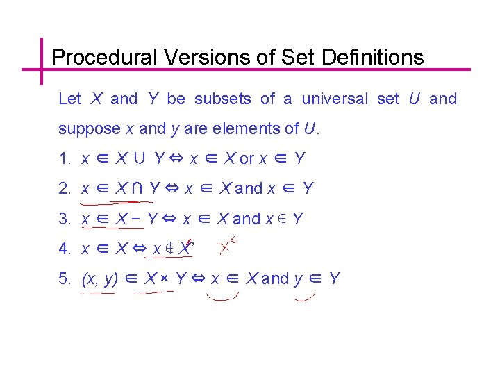 Procedural Versions of Set Definitions Let X and Y be subsets of a universal